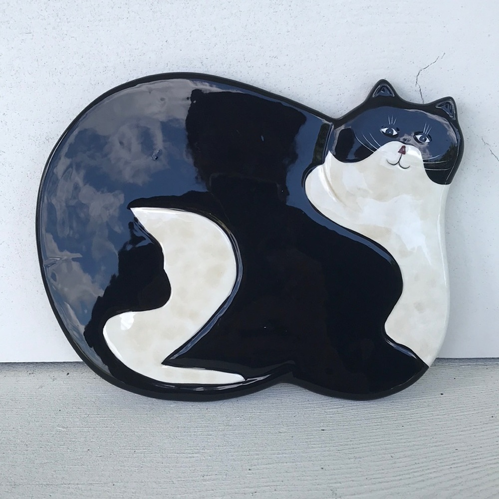 Warren Kimble Vintage Black Tuxedo Fat Cat Ceramic Dish Trivet Plaque 2002